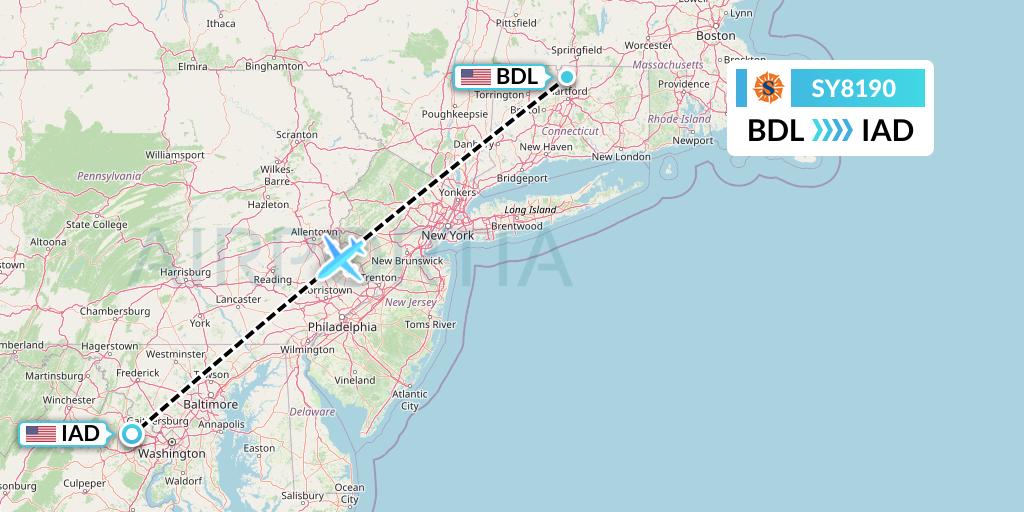 SY8190 Sun Country Airlines Flight Map: Windsor Locks to Washington