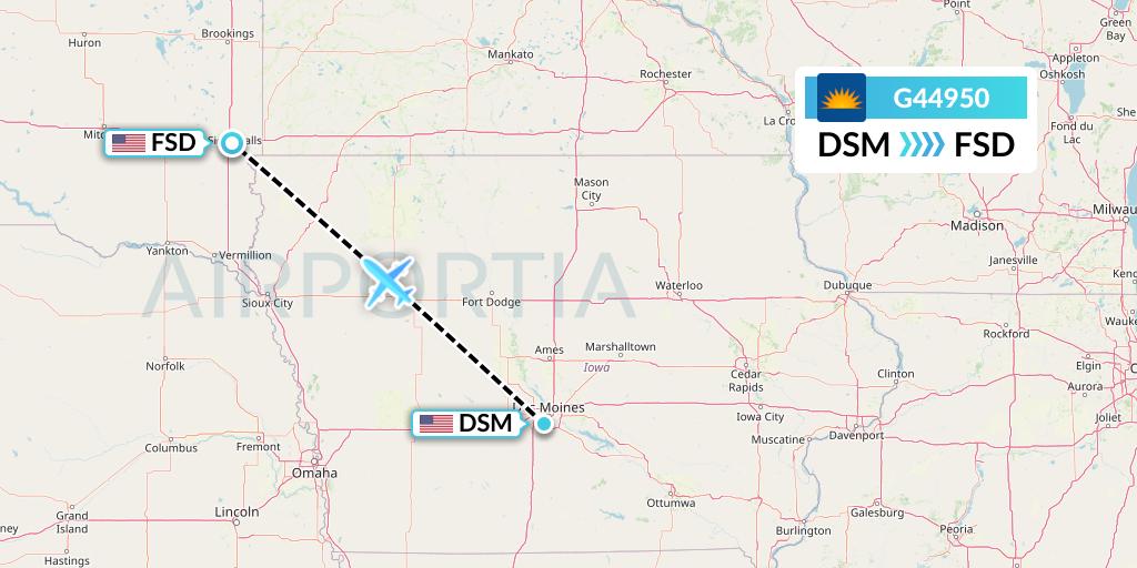 G44950 Allegiant Air Flight Map: Des Moines to Sioux Falls