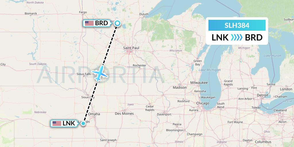 SLH384 Silverhawk Aviation Flight Map: Lincoln to Brainerd