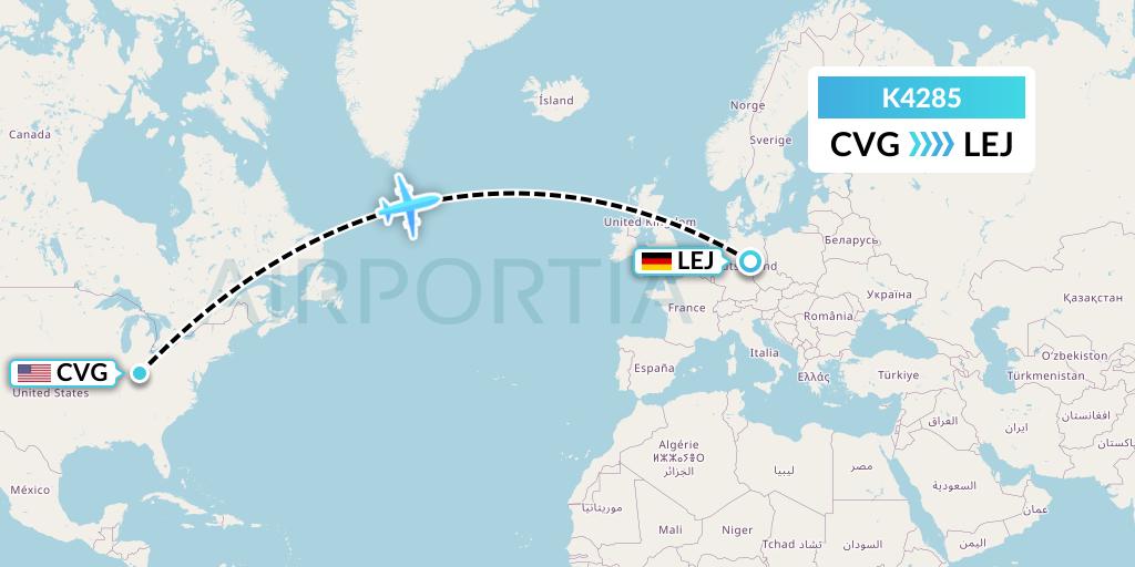 K4285 Kalitta Air Flight Map: Cincinnati to Leipzig