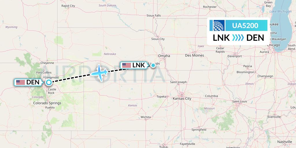 UA5200 United Airlines Flight Map: Lincoln to Denver