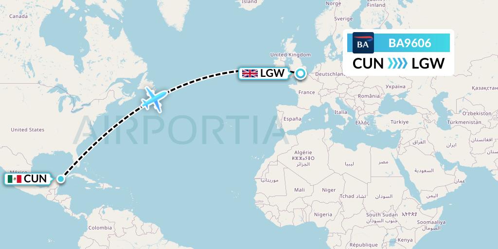BA9606 British Airways Flight Map: Cancun to London