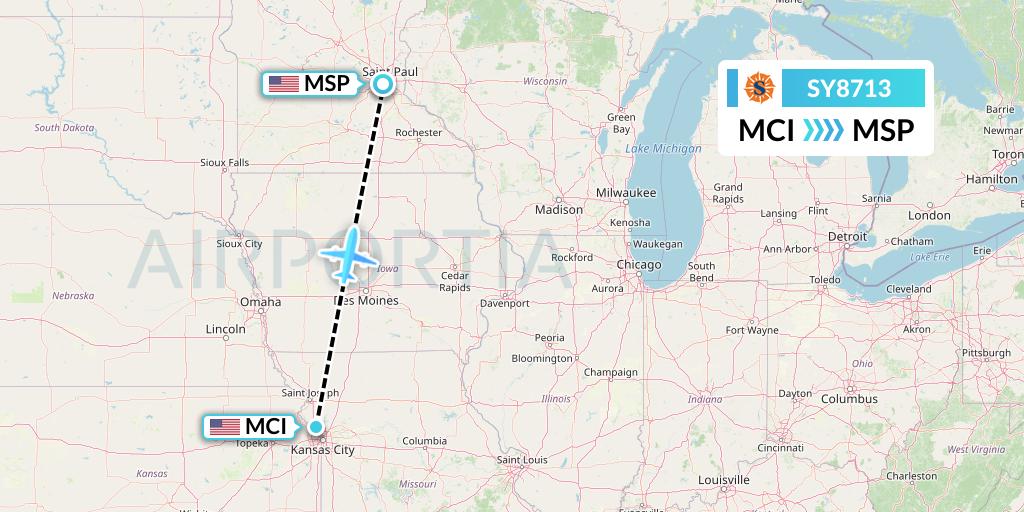 SY8713 Sun Country Airlines Flight Map: Kansas City to Minneapolis