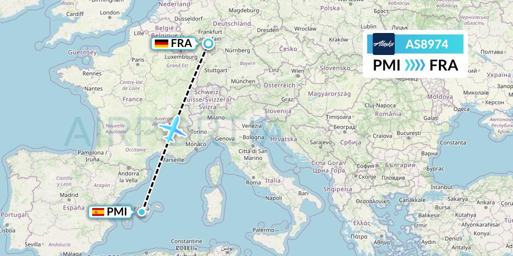 AS8974 Alaska Airlines Flight Map: Palma de Mallorca to Frankfurt