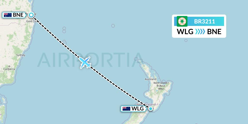 BR3211 EVA Air Flight Map: Wellington to Brisbane