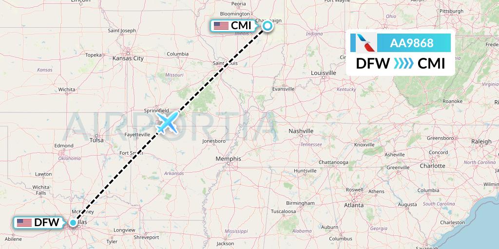 AA9868 American Airlines Flight Map: Dallas to Champaign