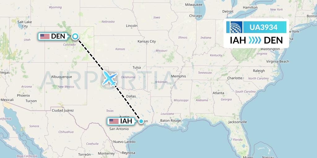 UA3934 United Airlines Flight Map: Houston to Denver