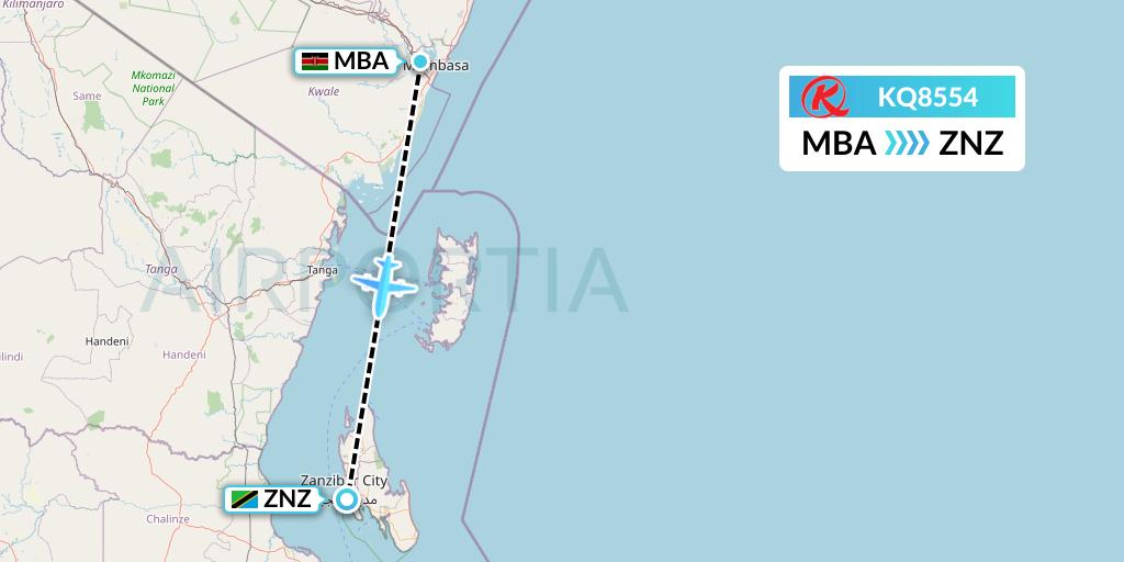 KQ8554 Kenya Airways Flight Map: Mombasa to Zanzibar