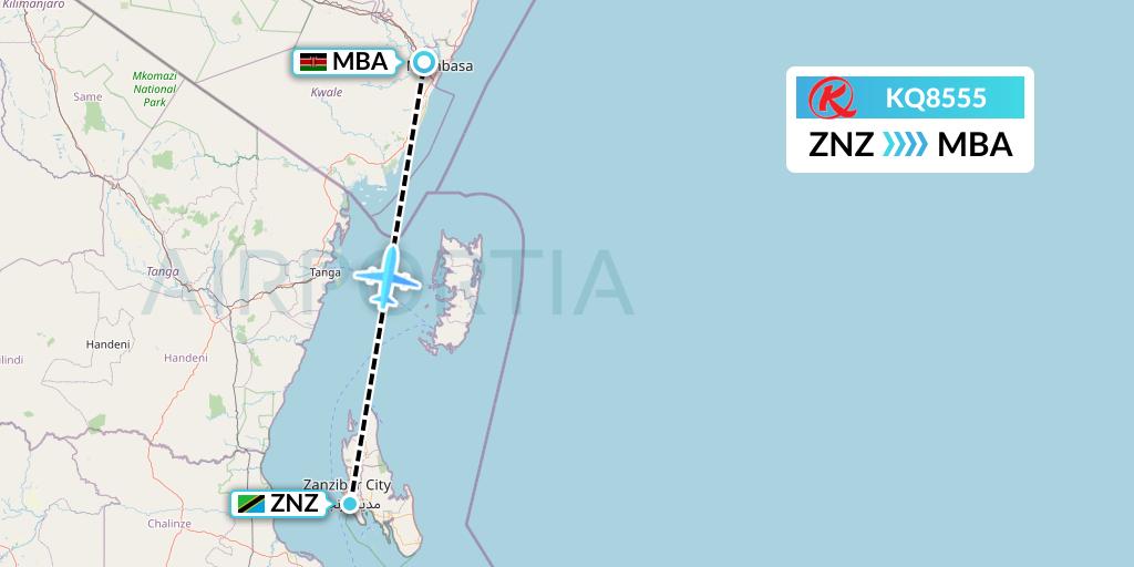 KQ8555 Kenya Airways Flight Map: Zanzibar to Mombasa