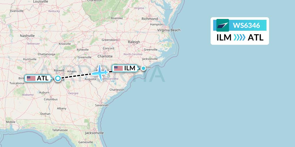 WS6346 WestJet Flight Map: Wilmington to Atlanta