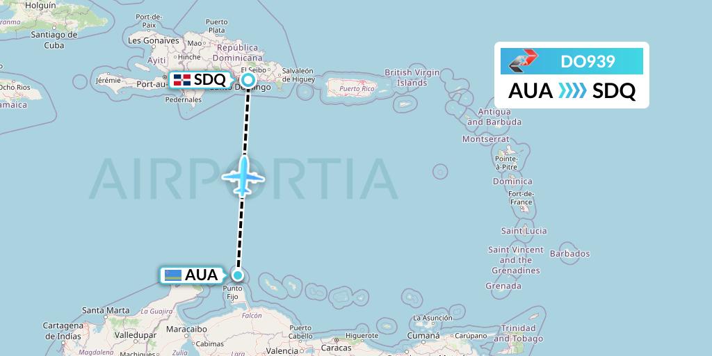 DO939 Sky High Aviation Flight Map: Oranjestad to Santo Domingo