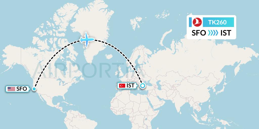 TK260 Turkish Airlines Flight Map: San Francisco to Istanbul