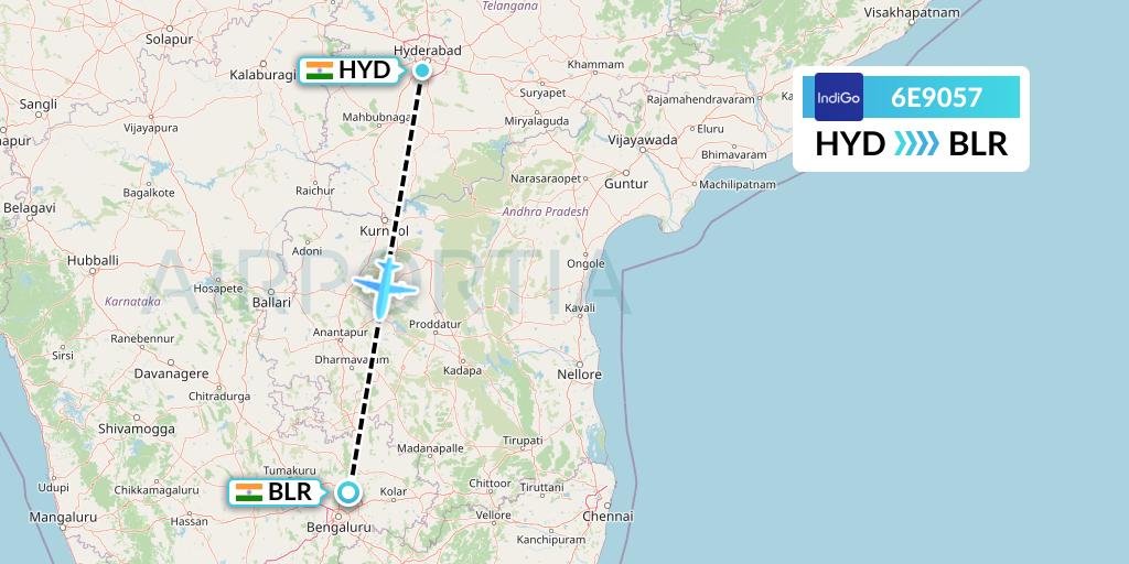 6E9057 IndiGo Airlines Flight Map: Hyderabad to Bangalore