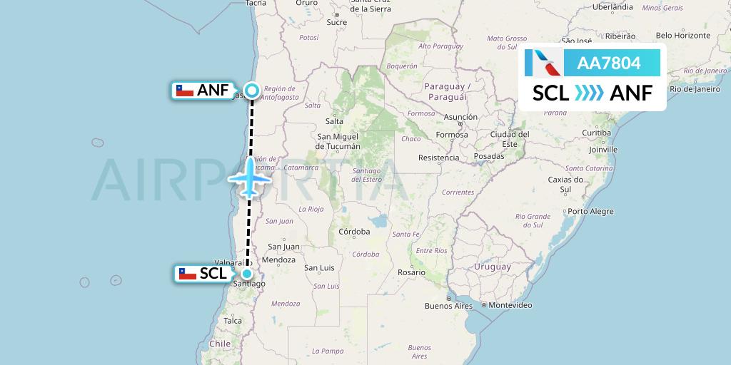 AA7804 American Airlines Flight Map: Santiago to Antofagasta