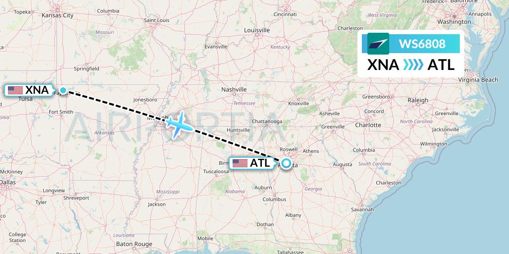 WS6808 WestJet Flight Map: Bentonville to Atlanta