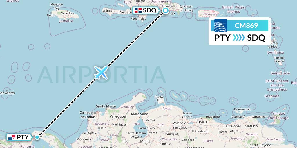CM869 Copa Airlines Flight Map: Panama City to Santo Domingo