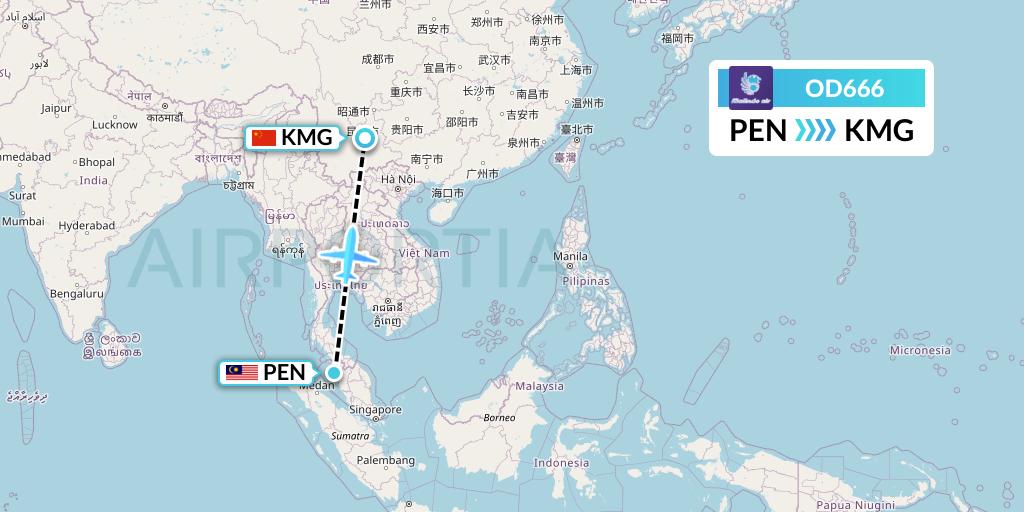 OD666 Batik Air Malaysia Flight Map: Penang to Kunming