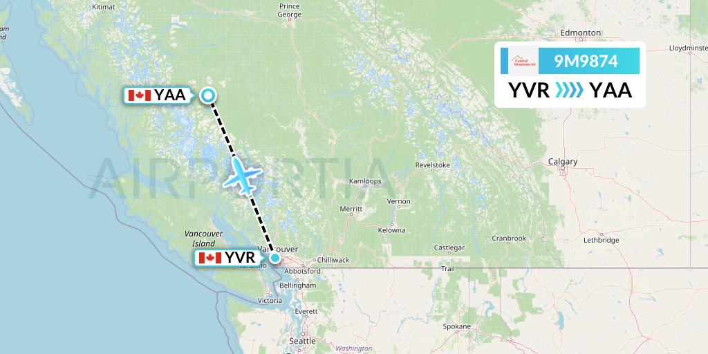 9M9874 Central Mountain Air Flight Map: Vancouver to Anahim Lake