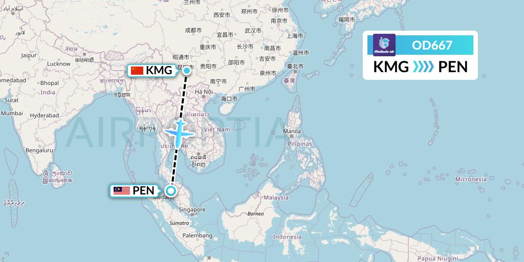 OD667 Batik Air Malaysia Flight Map: Kunming to Penang