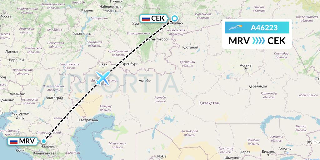 A46223 Azimuth Airlines Flight Map: Mineralnye Vody to Chelyabinsk