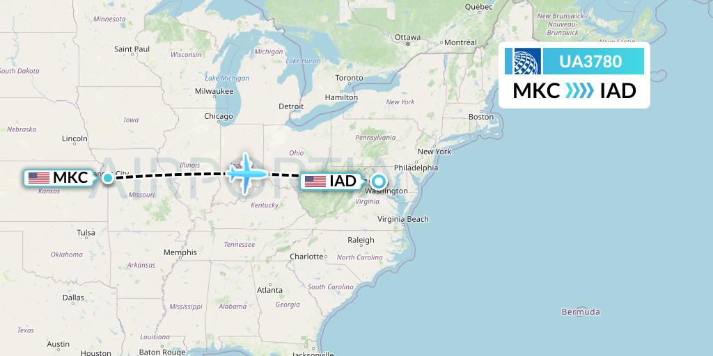 UA3780 United Airlines Flight Map: Kansas City to Washington