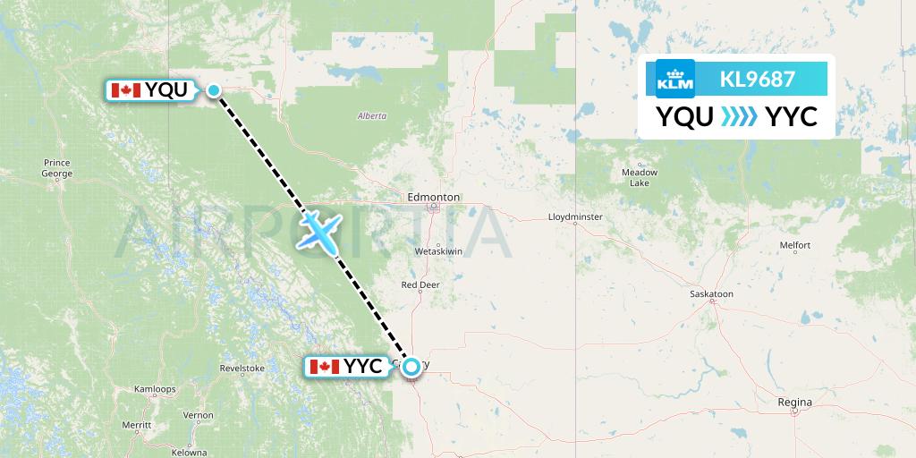 KL9687 KLM Flight Map: Grande Prairie to Calgary