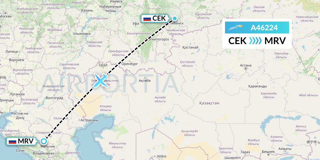 A46224 Azimuth Airlines Flight Map: Chelyabinsk to Mineralnye Vody