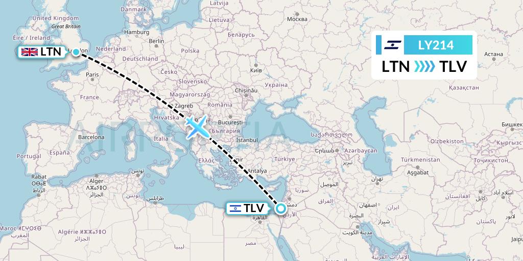 LY214 El Al Flight Map: London to Tel Aviv