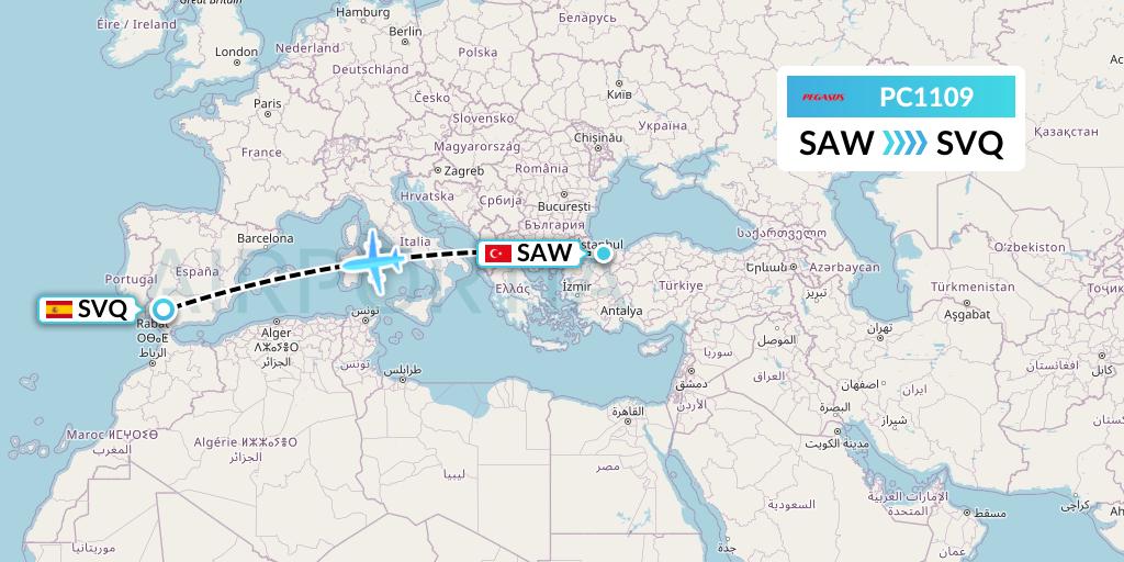 PC1109 Pegasus Airlines Flight Map: Istanbul to Seville