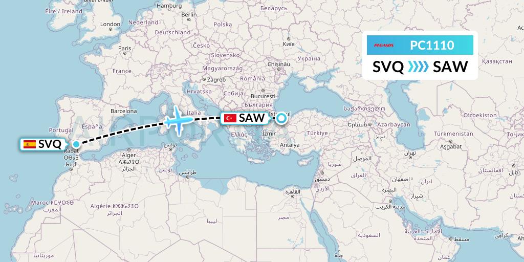 PC1110 Pegasus Airlines Flight Map: Seville to Istanbul
