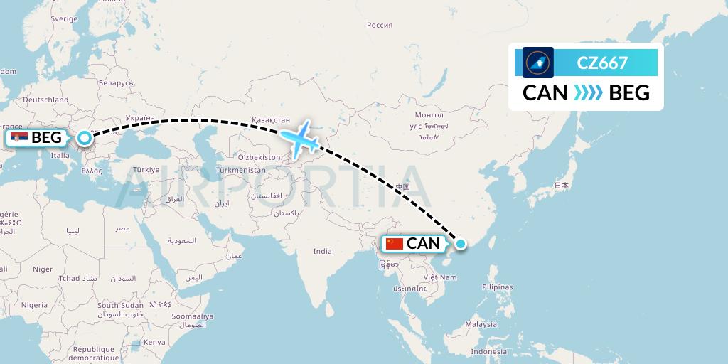 CZ667 China Southern Airlines Flight Map: Guangzhou to Belgrade