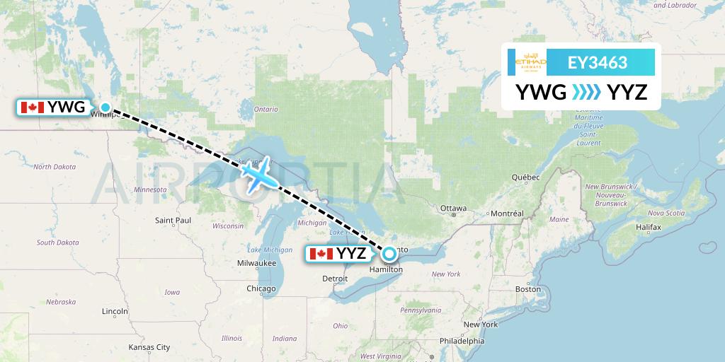EY3463 Etihad Airways Flight Map: Winnipeg to Toronto