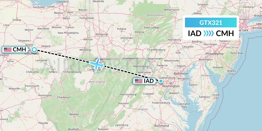 GTX321 GTA Air Flight Map: Washington to Columbus