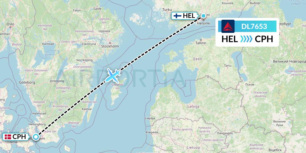 DL7653 Delta Air Lines Flight Map: Helsinki to Copenhagen