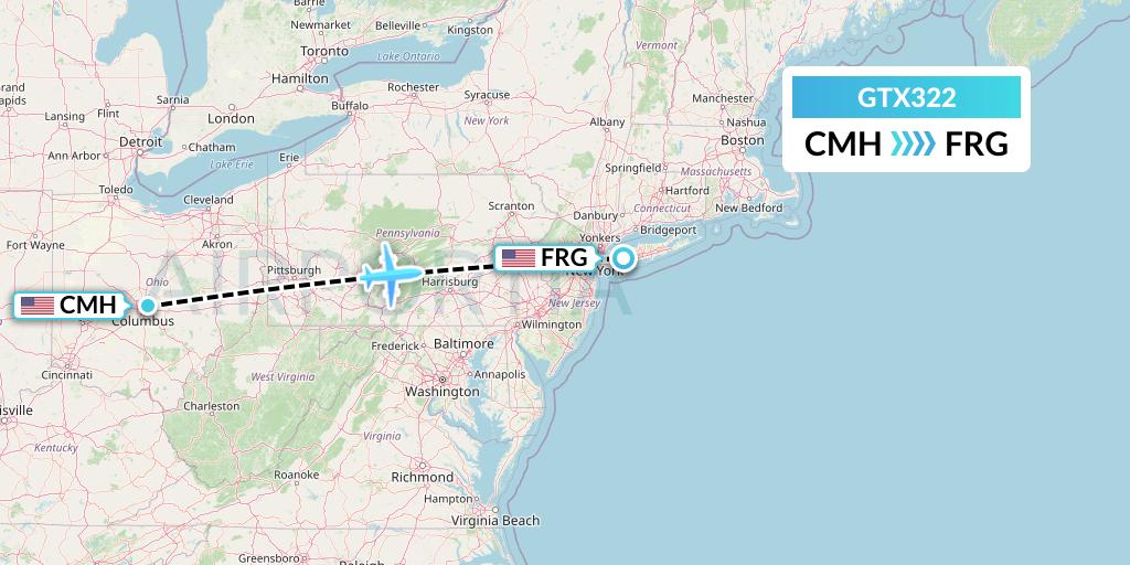 GTX322 GTA Air Flight Map: Columbus to Farmingdale