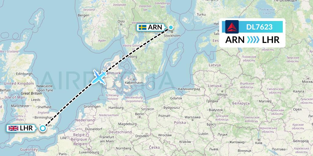 DL7623 Delta Air Lines Flight Map: Stockholm to London