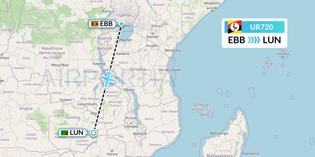 UR720 Uganda Airlines Flight Map: Entebbe to Lusaka