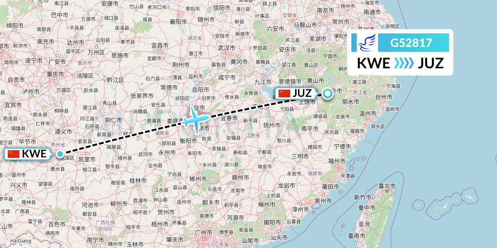 G52817 China Express Airlines Flight Map: Guiyang to Quzhou