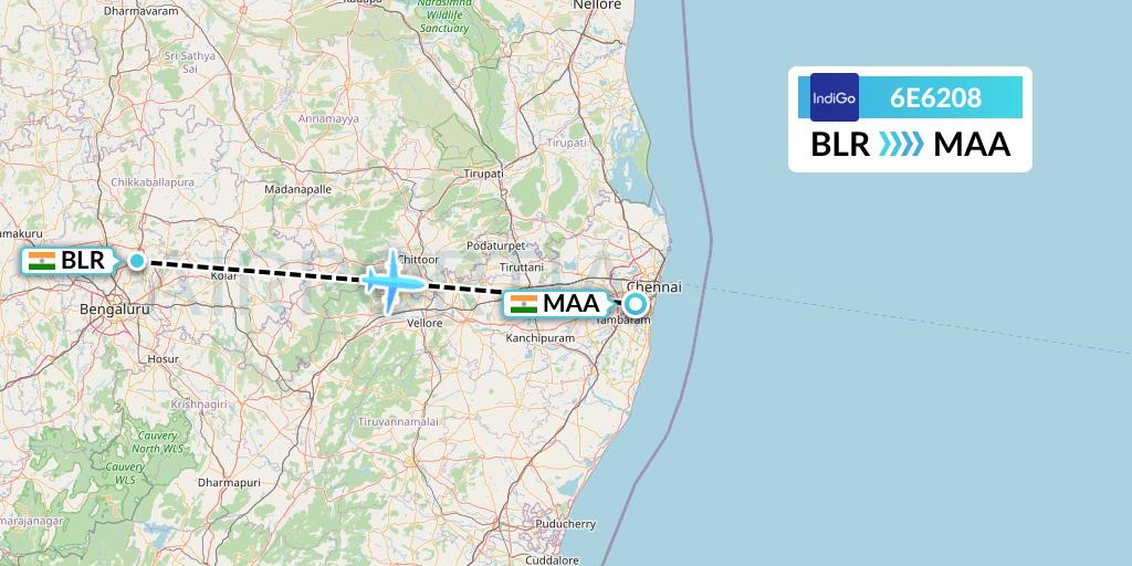 6E6208 IndiGo Airlines Flight Map: Bangalore to Chennai