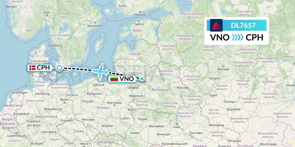 DL7657 Delta Air Lines Flight Map: Vilnius to Copenhagen