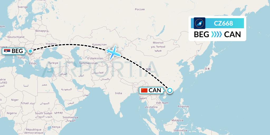 CZ668 China Southern Airlines Flight Map: Belgrade to Guangzhou
