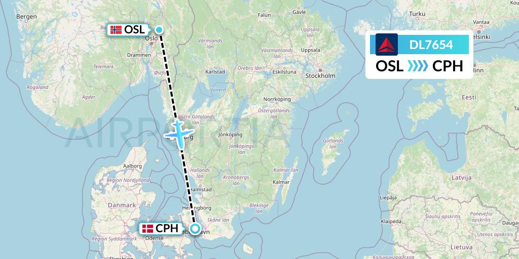 DL7654 Delta Air Lines Flight Map: Oslo to Copenhagen