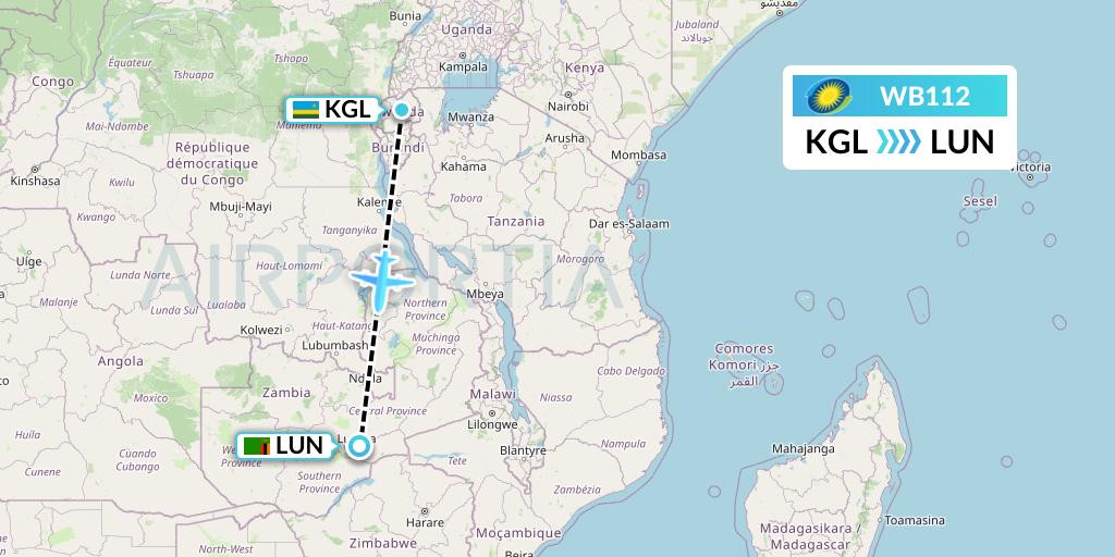 WB112 RwandAir Flight Map: Kigali to Lusaka