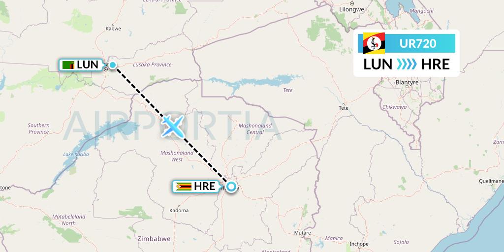 UR720 Uganda Airlines Flight Map: Lusaka to Harare