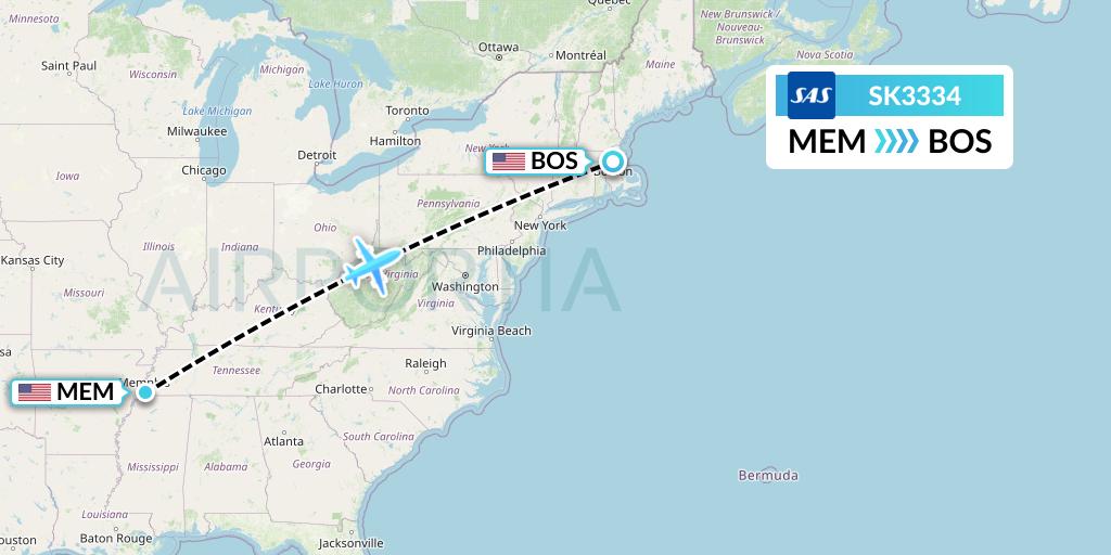 SK3334 SAS Flight Map: Memphis to Boston
