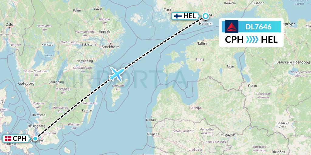 DL7646 Delta Air Lines Flight Map: Copenhagen to Helsinki