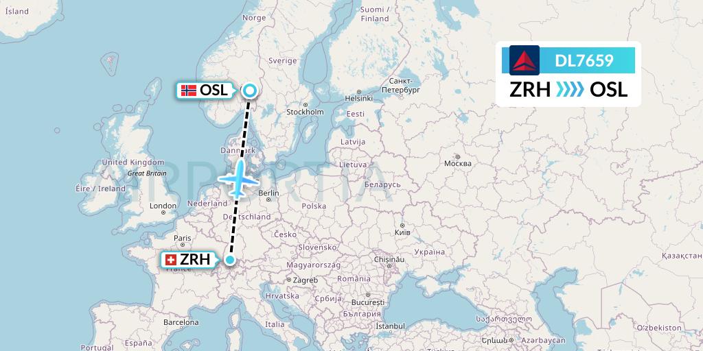 DL7659 Delta Air Lines Flight Map: Zurich to Oslo