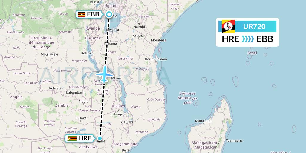 UR720 Uganda Airlines Flight Map: Harare to Entebbe