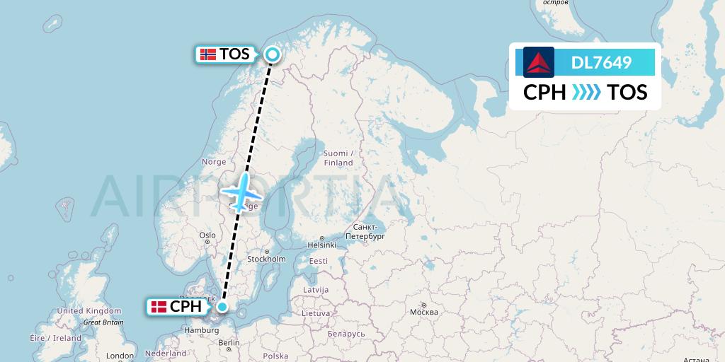 DL7649 Delta Air Lines Flight Map: Copenhagen to Tromso