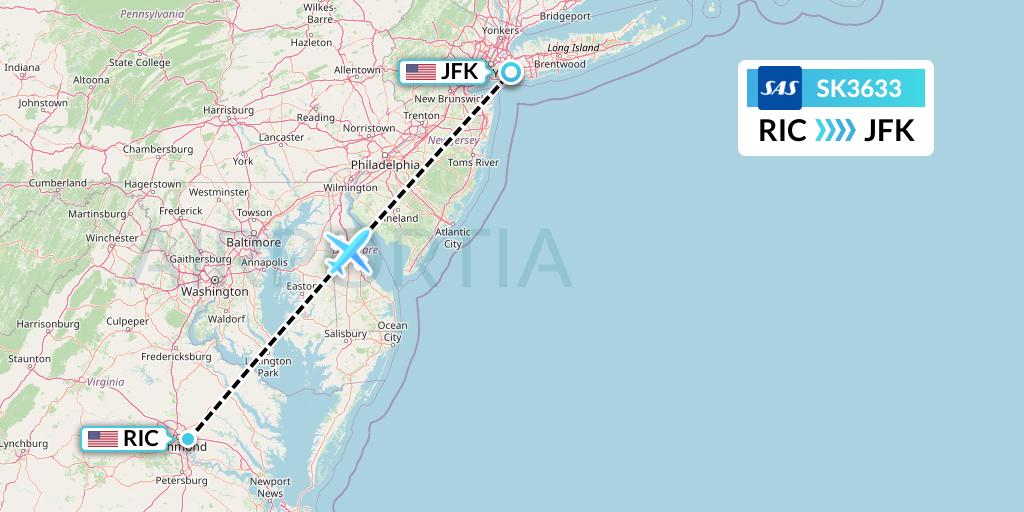 SK3633 SAS Flight Map: Richmond to New York